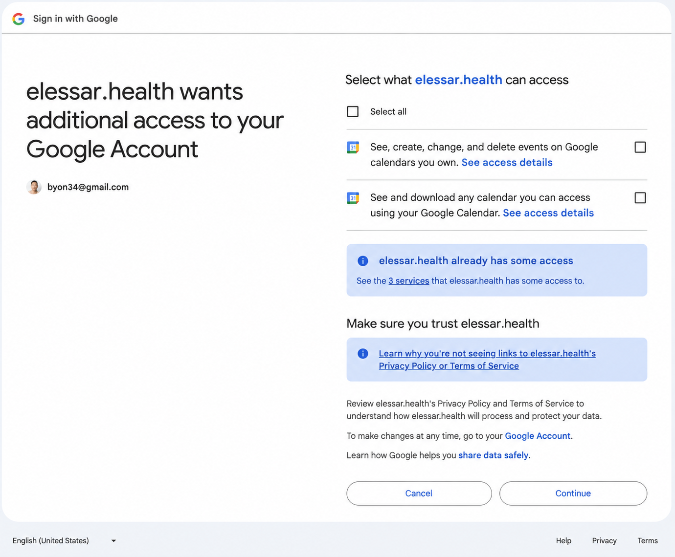Google consent screen: elessar.health wants additional access, with checkboxes for 'See, create, change, and delete events on Google calendars you own' and 'See and download any calendar you can access using your Google Calendar.'